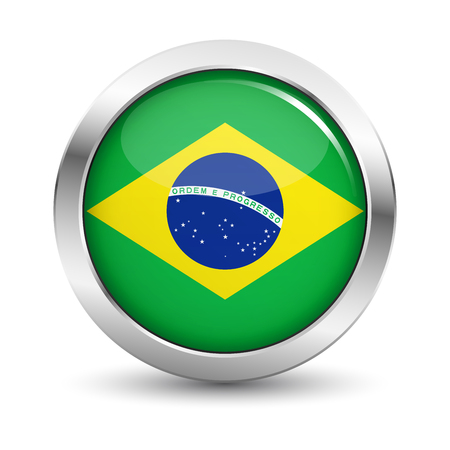 Brazil icon silver glossy badge button with Brazilian flag and shadow vector illustration on white background.のイラスト素材