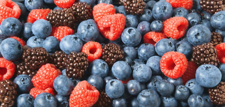 Mixed berries healthy fruit closeup top view horizontal banner background with assorted mix of fresh...