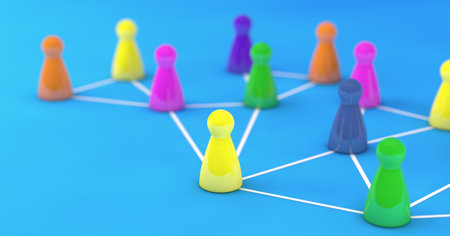 Social network, digital teamwork networking and online web community concept with a group of colorful pawns connected by lines on blue background 3D illustration.の写真素材