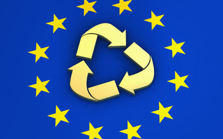 Recycling icon and European Union flag on background EU community circular economy concept 3d illustration.の写真素材