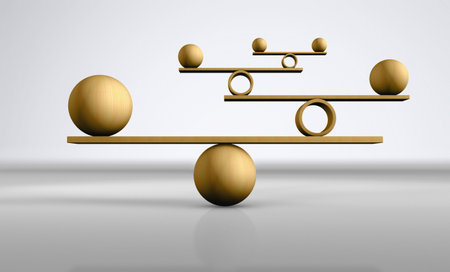 Business and lifestyle balance concept with balanced wooden balls on light grey background 3D illustration.の写真素材