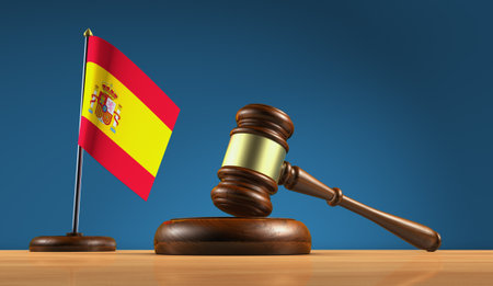 Spain law, legal system and justice concept with a wooden judge gavel and the Spanish desk flag 3D illustration.の写真素材