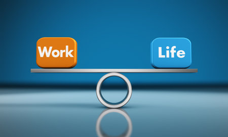 Work-life balance. Balancing career and family concept 3d illustration with sign and words in balance on a scale.の写真素材