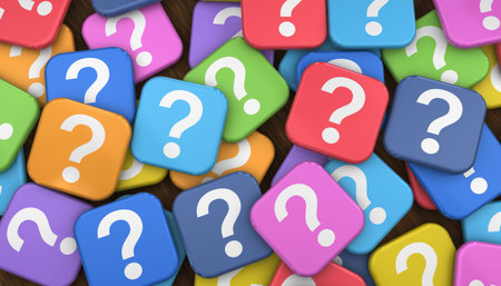 Question mark symbol and sign on many colorful badges, customer questions and business faq...