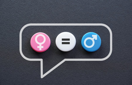 Gender equality and sexual equality concept with male and female icons and the equal sign symbol on pink, white and blue buttons in a chat bubbles frame on dark gray paper background.の写真素材