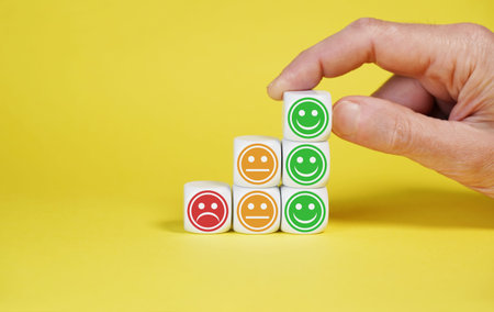Business quality customer experience feedback, rating and survey concept with white cubes arranged...