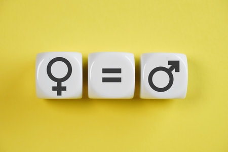 Gender equality and sexual equality concept with male and female icons and the equal to sign symbol on white cubes. Top view close up image with copy space on yellow paper background.の写真素材