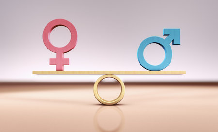 Gender equality and sexual equality conceptual image with male and female icon symbols in balance on a seesaw scale 3d illustration.の写真素材