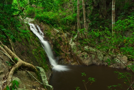 Motion Blur Waterfalls Peaceful Nature Landscape with lush green trees, rocks and flowing water,Ratchaburi, Thailand の写真素材