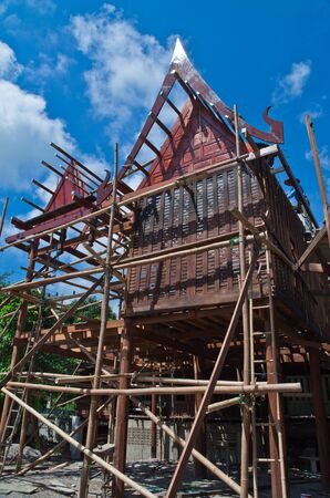 Thai style,Thai home Construction with blue sky, Thailand の写真素材