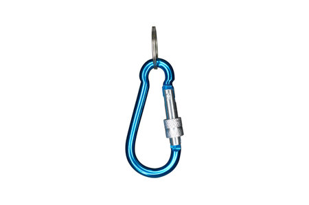 Blue carabiner key ring isolated on a white background 