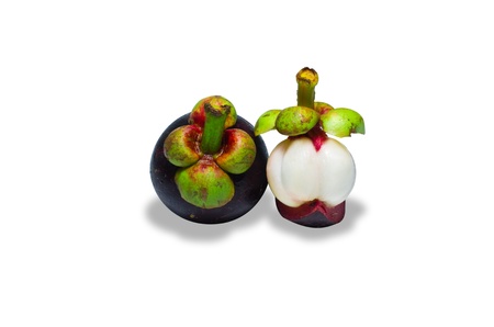 tropical mangosteen fruit on white background (selective focus on front piece)の写真素材