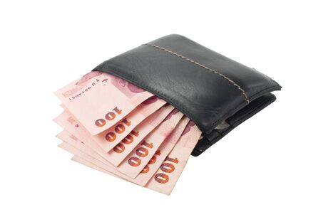 black leather wallet with money isolated on white backgroundの写真素材