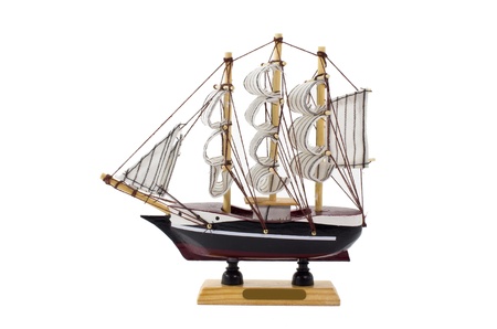 Model Barque with full sails up Isolated on white.の写真素材