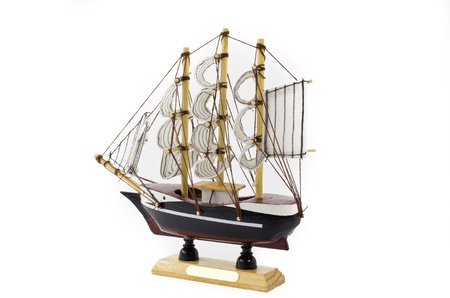 Model Barque with full sails up Isolated on white.の写真素材