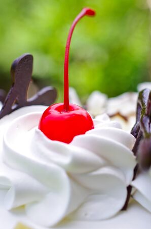 Red cherry on the cake. Natural background.の写真素材