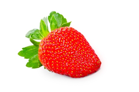 Red strawberry fruits with green leaves isolated on white backgroundの写真素材