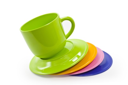 Colorful plastic coffee cup  Isolated on a white background の写真素材