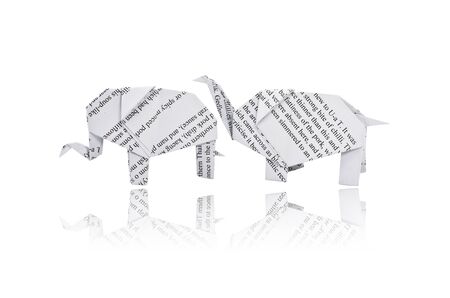 Origami elephant. Made from recycled paper. Isolated on white.の写真素材