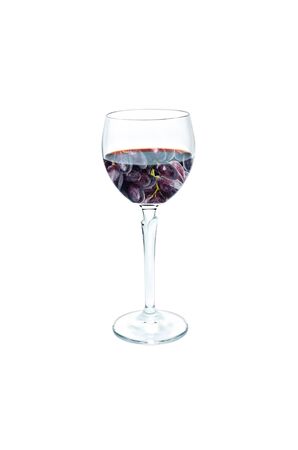 Glass of red wine ,Concept bunch grapes in wine isolated on whiteの写真素材
