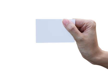 Hand holding women business card isolated on white background 
