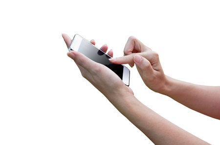 Isolated woman hand holding the phone tablet touch computer gadget 
