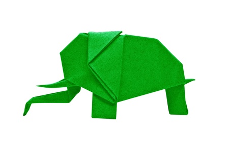 The origami elephant asian recycle green paper, Isolated on white.の写真素材