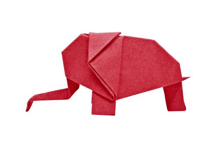 The origami elephant asian recycle red paper, Isolated on white.の写真素材