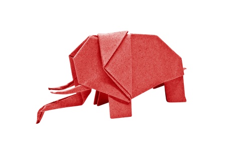 The origami elephant asian recycle red paper, Isolated on white.の写真素材
