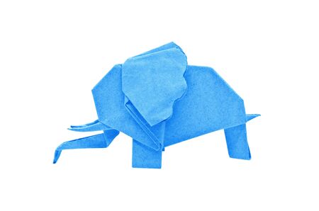 The origami elephant asian recycle cyan paper, Isolated on white.の写真素材