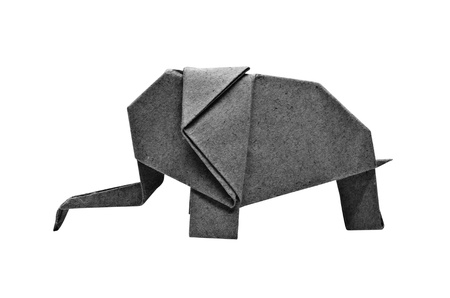 The origami elephant asian recycle black paper, Isolated on white.の写真素材