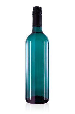 Blue wine bottle isolated on a white background.の写真素材