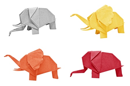Multi color origami elephant isolated on a white background の写真素材
