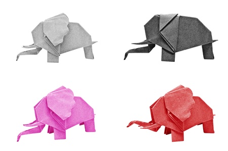 Multi color origami elephant isolated on a white background の写真素材