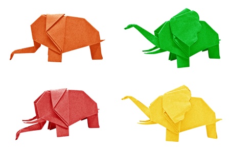 Multi color origami elephant isolated on a white background の写真素材