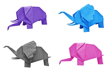 Multi color origami elephant isolated on a white background の写真素材