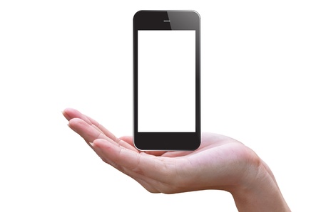 Smart phone and hand of woman, Isolated on white.の写真素材