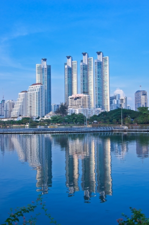 Bangkok cityscape at twilight with reflection of skyline ,Thailand.の写真素材