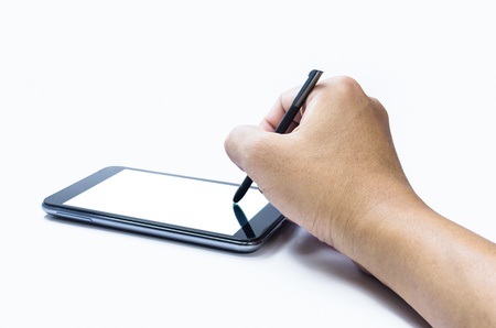 Mobile smart phone with touch pen in hand. Isolated on white.の写真素材