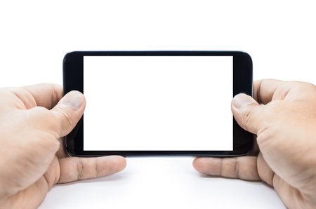 Mobile smart phone in hand isolated on white background.