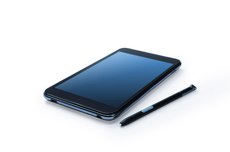 Mobile smart phone with touch pen. Isolated on white.