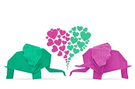 The origami elephant asian recycle paper with love, Isolated on white の写真素材