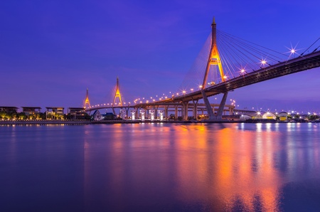 BANGKOK, THAILAND-MAY 5:The Bhumibol Bridge , one of Thailand most famous bridges, spanning the river Choa Phraya on May 5 ,2013 in Bangkok, Thailand. の写真素材