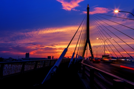 BANGKOK, THAILAND-APRIL 28:The Rama VIII Bridge, one of Thailand most famous bridges, spanning the river Choa Phraya on APRIL 28 ,2013 in Bangkok, Thailand. のeditorial素材