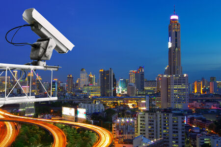 Security camera detects the movement of traffic. Skyscraper rooftop.の写真素材