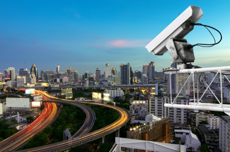 Security camera detects the movement of traffic. Skyscraper rooftop.の写真素材