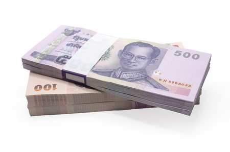 Thailand banknotes price of one hundred and five hundred isolated on white background.の写真素材