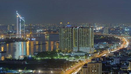 High angle view of Bangkok, Rama 3 area at dusk.の写真素材