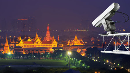 Security cameras monitor the movement of the top of the building, Aerial view of Bangkok.