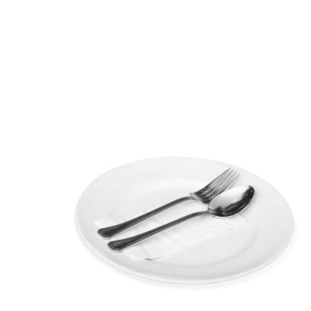 Spoon and a white plate isolated on white background.の写真素材